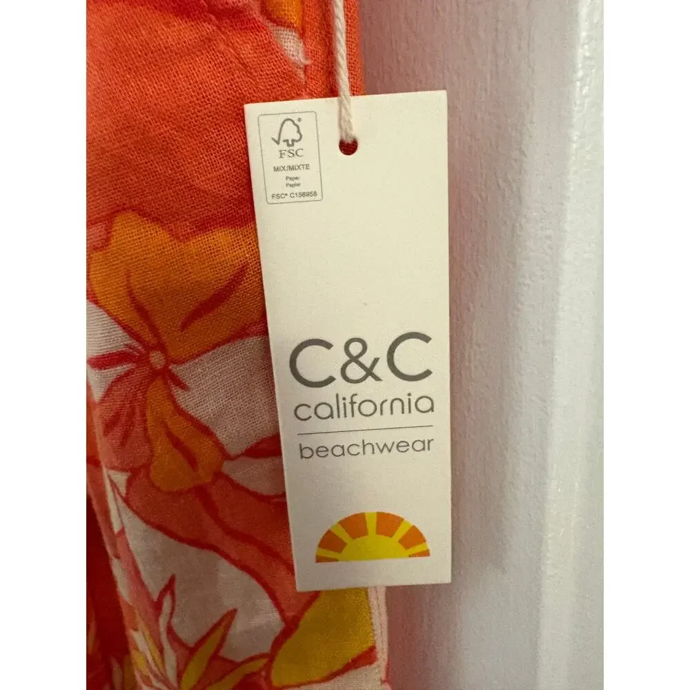 C&C of California Beachwear Coral Linen Wide Leg Pants L Elastic Tie Waist Boho